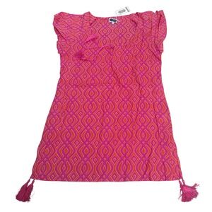 Mud Pie Taylor Flutter Sleeve Pink Orange Geometric Tassel Tunic  Coverup L NWT